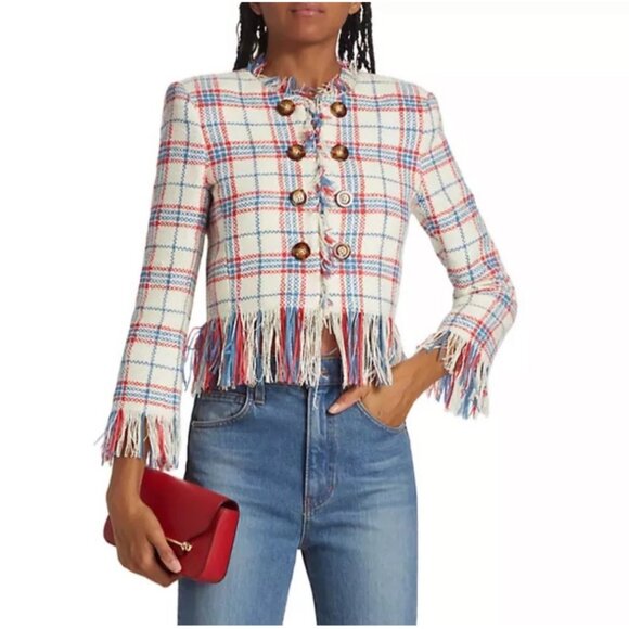 NWT Veronica Beard Marlton Woven Fringe Jacket in Blue/Red Multi - Picture 1 of 10
